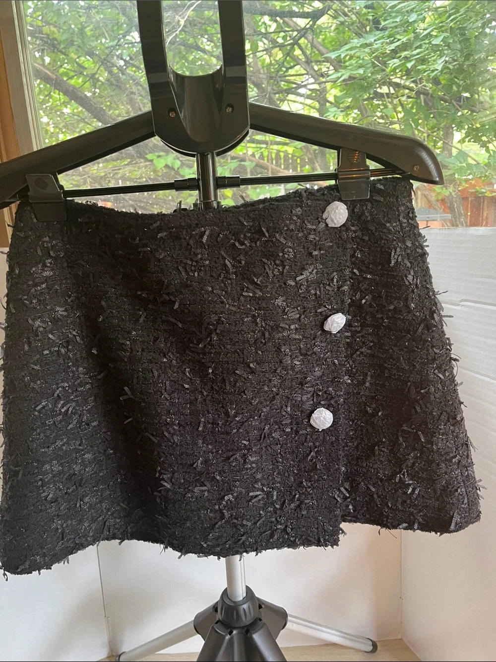 Astr Black Textured Mini Skirt with White Button Detail